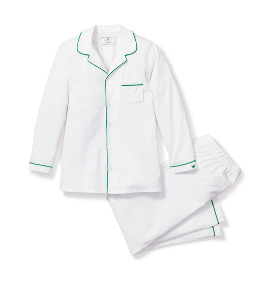 Petite plume Kid's Twill Pajama Set in White with Green Piping