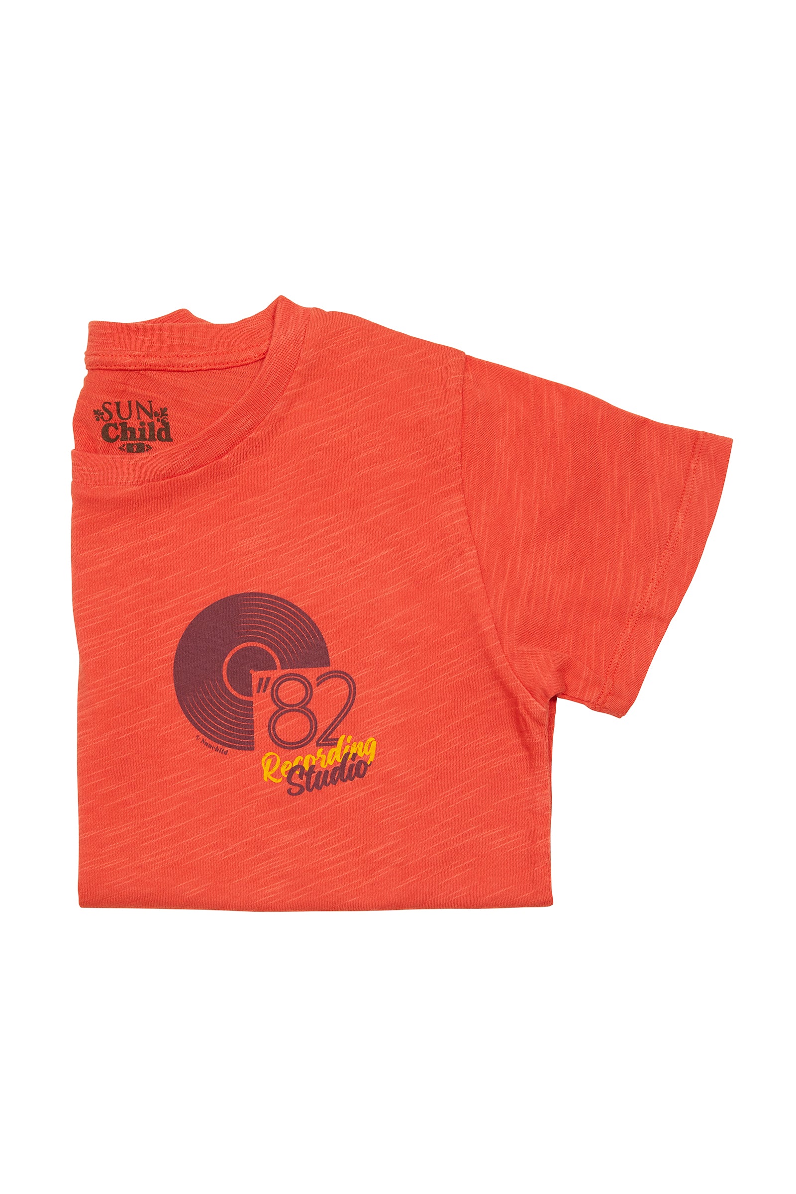 Orange t-shrit with record and 82 studio label on the right front side