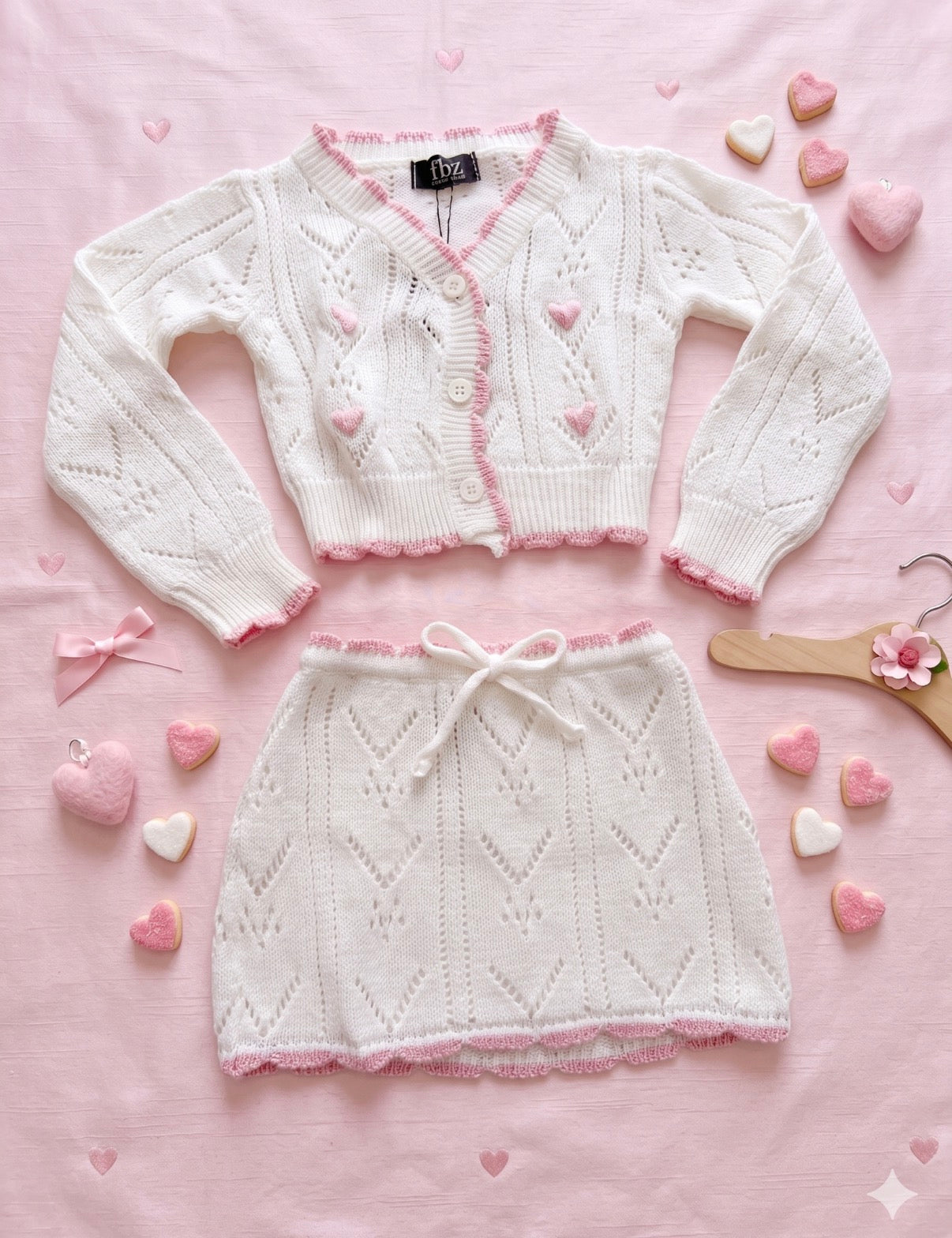 FBZ - White Crochet With Pink Trimming Skirt Set