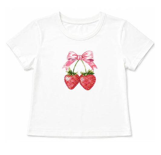 Katie J - Tween Boxy Baby Tee, White/Strawberry Bow