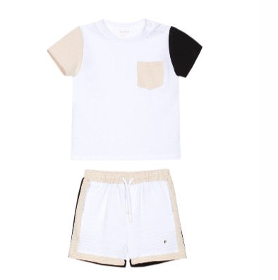 Patachou - Boys Color Blocked Shirt & Shorts, Beige