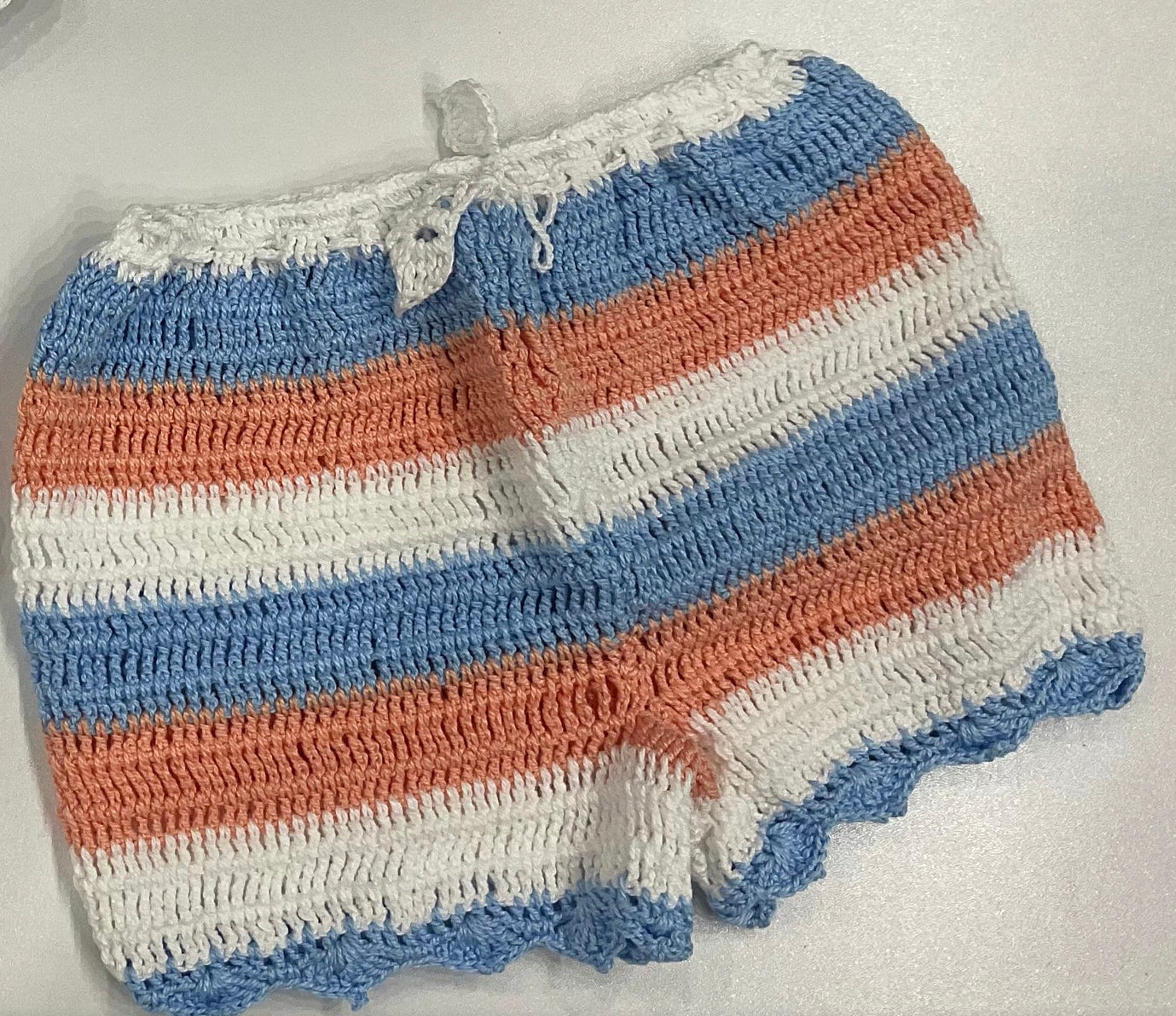 Planet sea blue salmon white crochet shorts