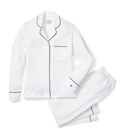Petite plume Women's Pima Pajama Set in White with Navy Piping
