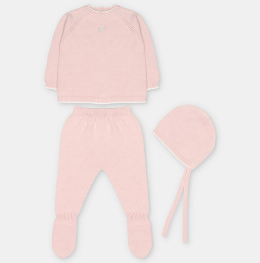 Martin Aranda - Top, Leggings W/Feet & Bonnet in Sweater Knit Cotton Blend Bulnes, Rose