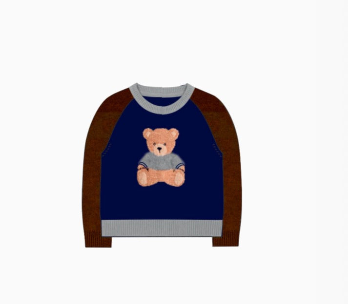 Patachou - Long Sleeve Sweater Top with Embroidered Bear, Marine