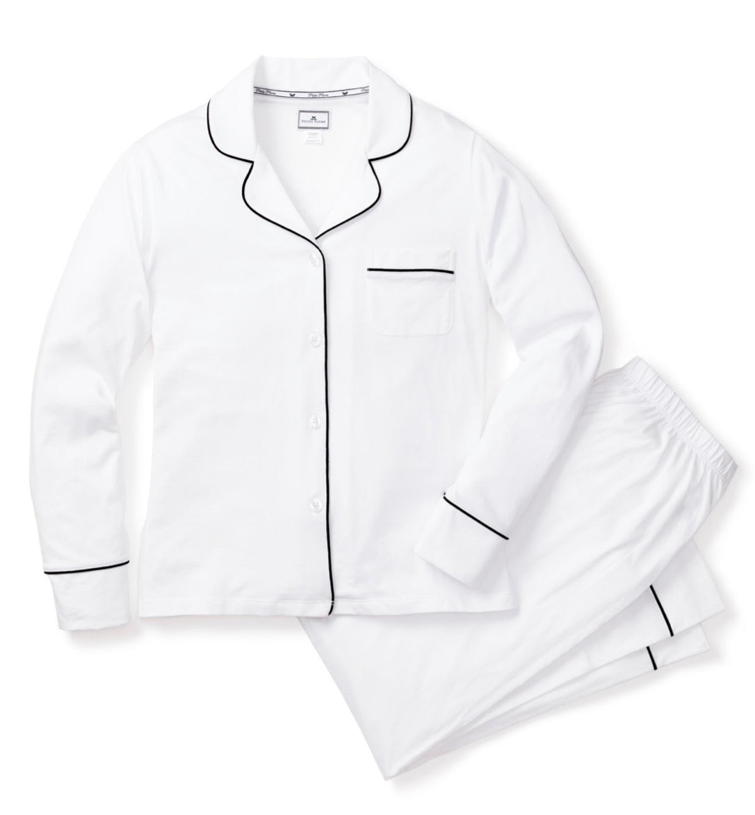 Petite Plume - Women’s Lightweight Pima White Pajama Set with Navy Piping