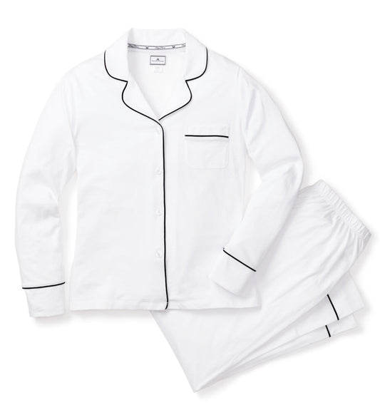 Petite Plume - Women’s Lightweight Pima White Pajama Set with Navy Piping