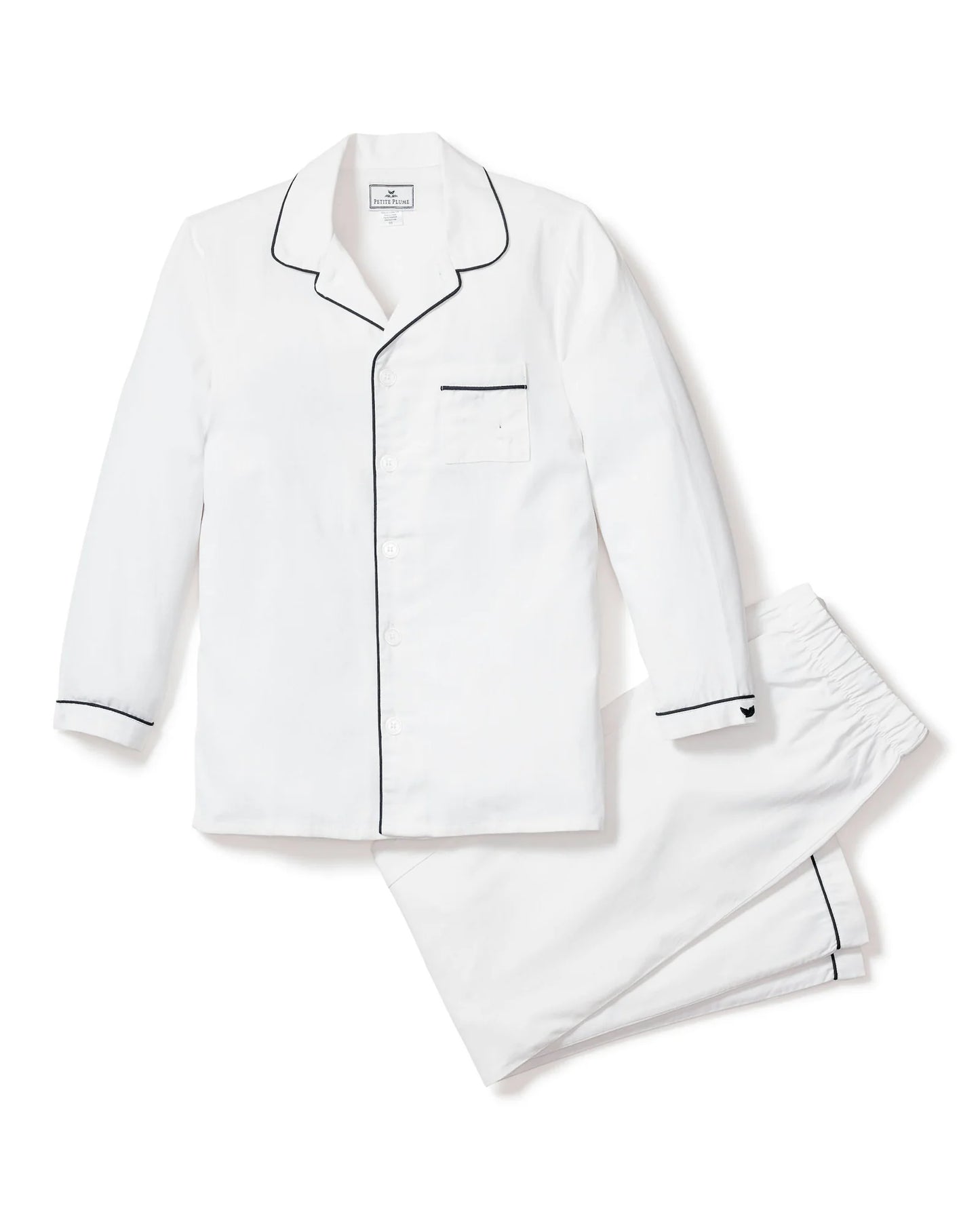 Petite Plume - Kid's Twill White Pajama Set in White with Navy Piping
