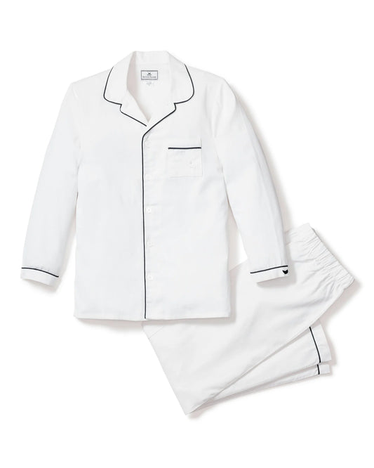 Petite Plume - Kid's Twill White Pajama Set in White with Navy Piping