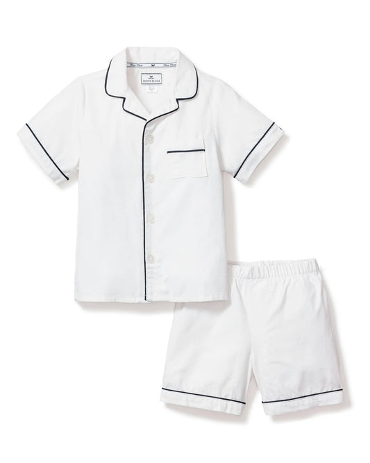 Petite Plume - Kid's Twill Pajama Short Set in White with Navy Piping