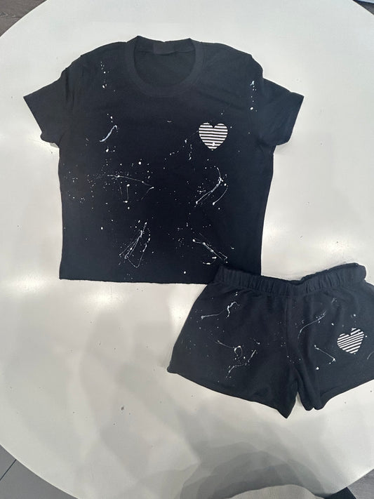 Firehouse black heart splatter short set