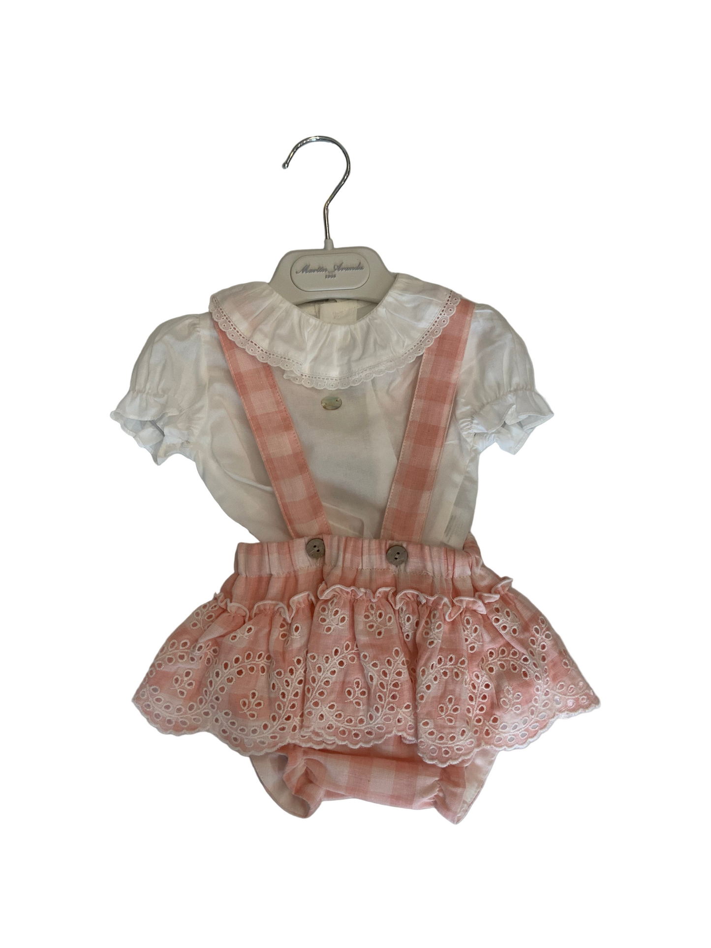 Martin Aranda - White Ruffle Top & Pink Plaid Overalls