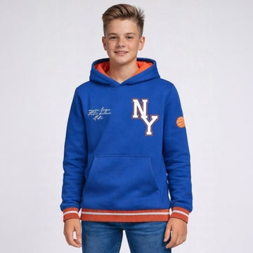 Vintage Havana - NY 11 Applique Hoodie with Stripe Rib, Blue/Orange