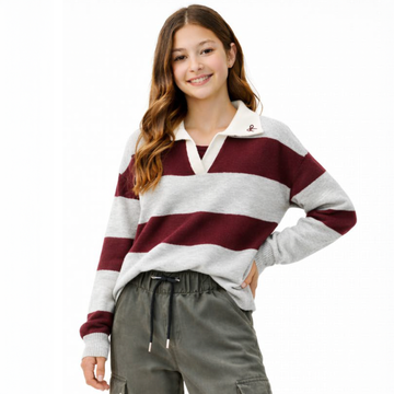 Vintage Havana - Stripe Sweater, Heather Grey/Maroon