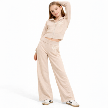 Vintage Havana - Bow Crop Zip Hoodie & Wide Leg Sweatpants, Oatmeal
