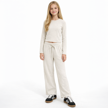 Vintage Havana - Ribbed Fitted Long Sleeve Top & Wide Leg Pants, Ash Grey