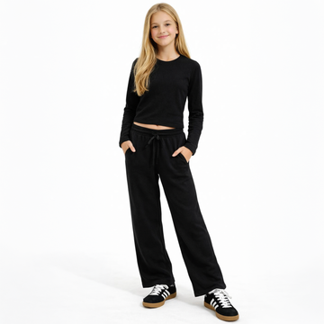 Vintage Havana - Ribbed Fitted Long Sleeve Top & Wide Leg Pants, Black