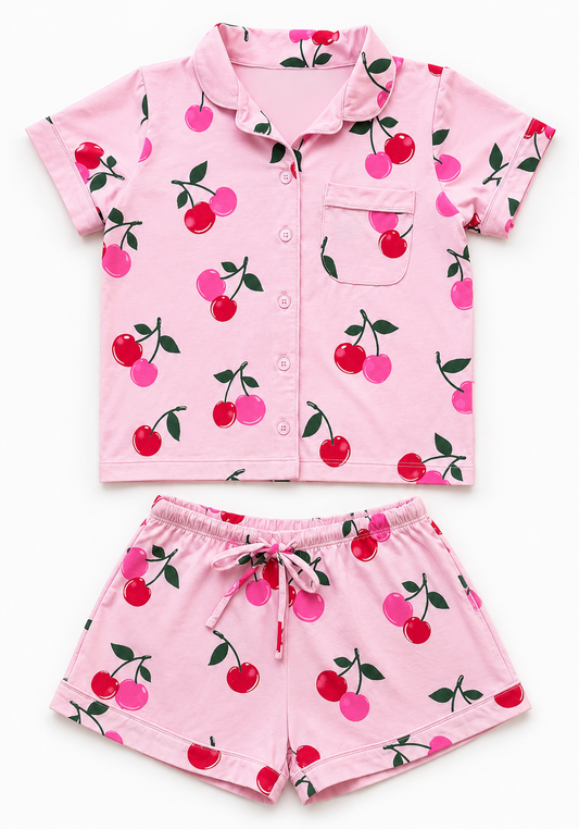 FBZ - Cherry Button Up Pajama Short Sleeve & Shorts Set, Pink