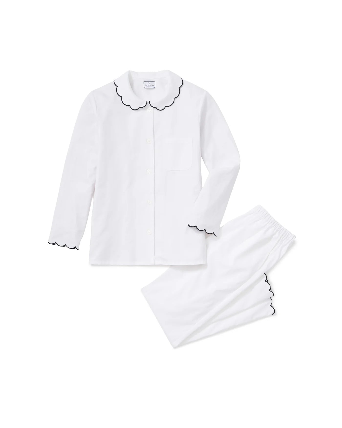 Petite Plume - Kid's Twill Pajama Set, White with Navy Piping