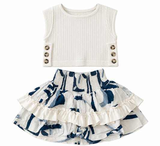 If So - Knit Side Button Top & Ruffle Skort, White/Blue
