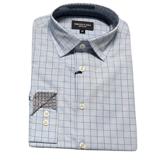 Leo and Zach dress shirt pale blue window