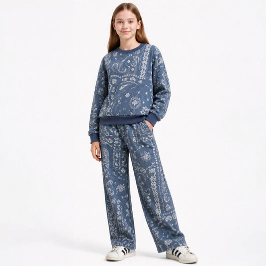 Vintage Havana - Bandana Print Terry Crewneck & Wide Leg Pants, Dark Denim