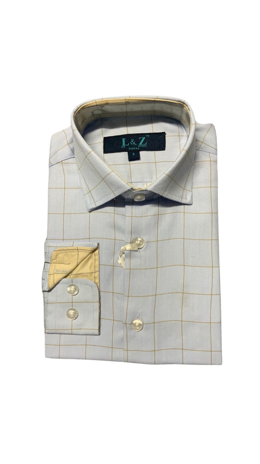 Leo and Zach dress shirt pale blue/ camel window