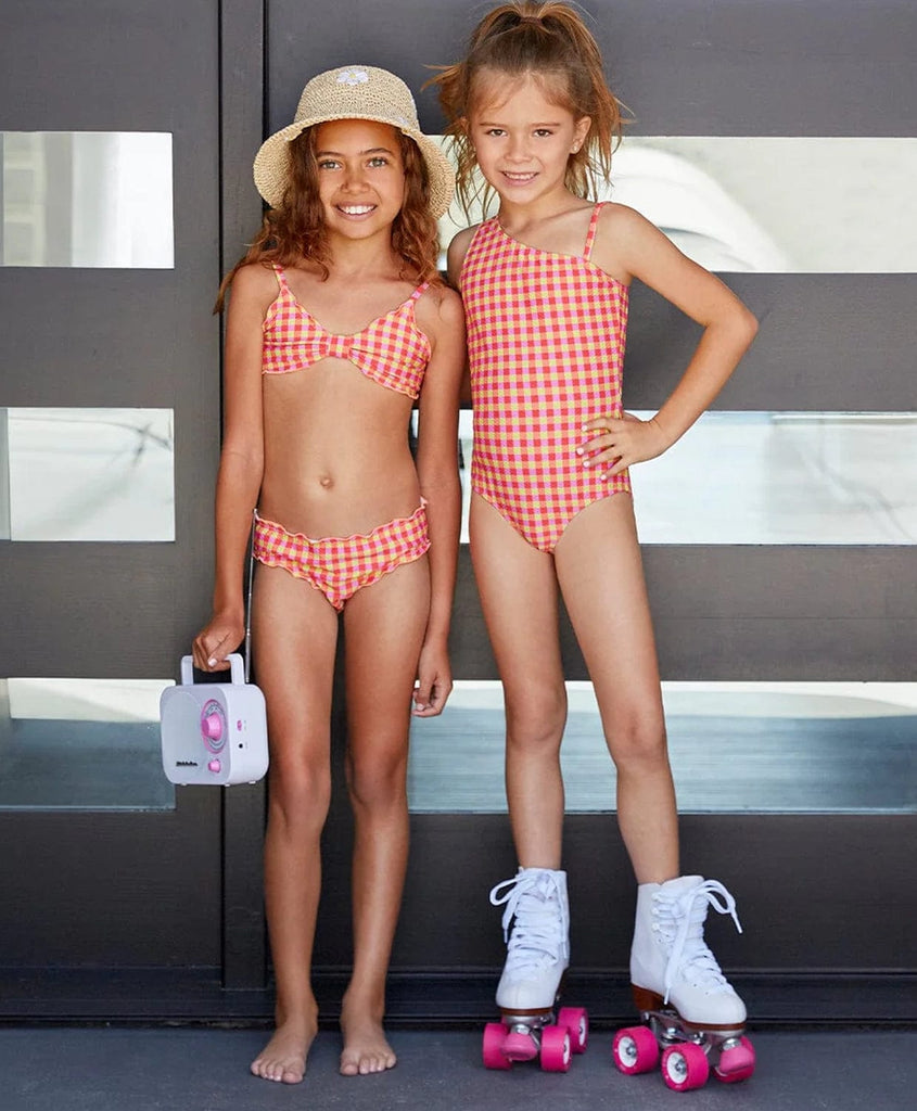 Model image of pink and yellow gingham print one piece and two piece bathing suit