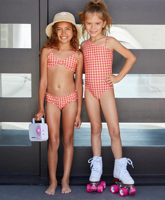 Model image of pink and yellow gingham print one piece and two piece bathing suit