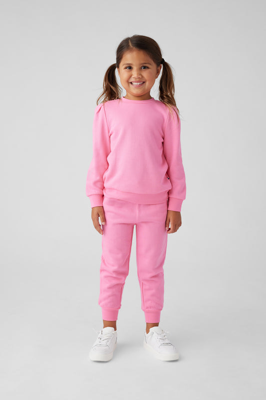 Model image of a child wearing a bright pink pullover  sweatshirt jogger set