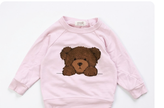 COZII - Long Sleeve Contrast Crew Teddy Bear, Baby Pink