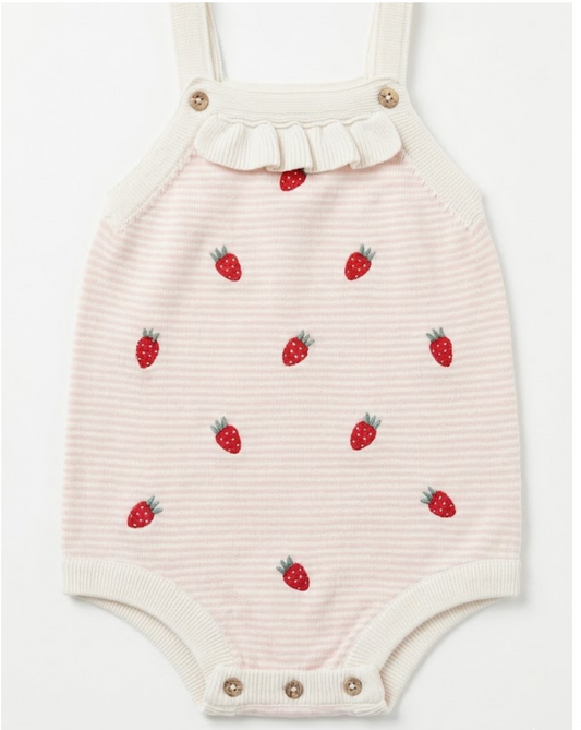 Viverano - Strawberry Embroidered Knit Baby Ruffle Romper Set, Sweet Cream