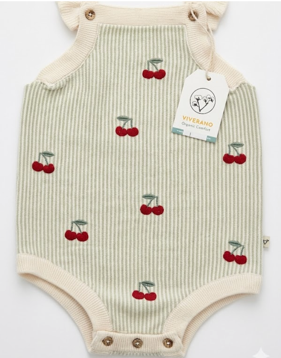 Viverano - Cherry Stripe Embroidered Baby Ruffle Romper Organic Cotton, Sweet Cream/Red Stripe