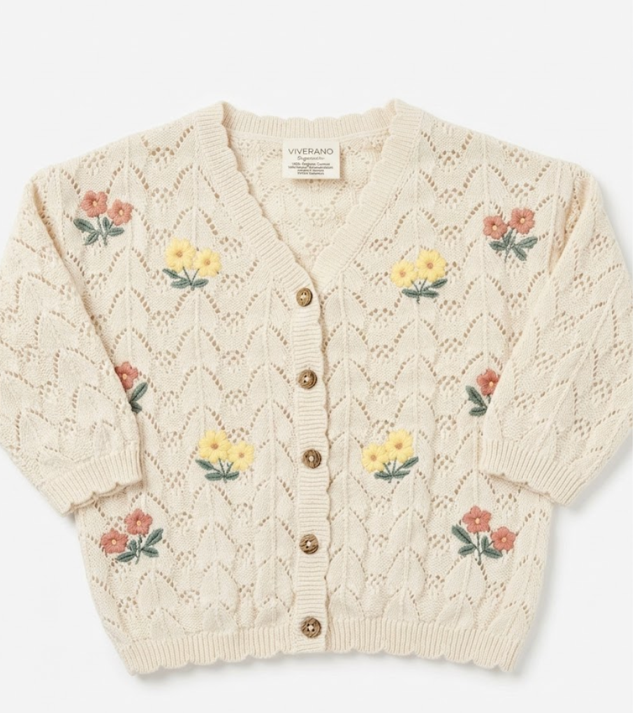 Viverano - Hazel Floral Textured Baby Knit Cardigan, Natural