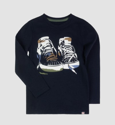 Appaman navy long sleeve shirt, graphic design are sneakers