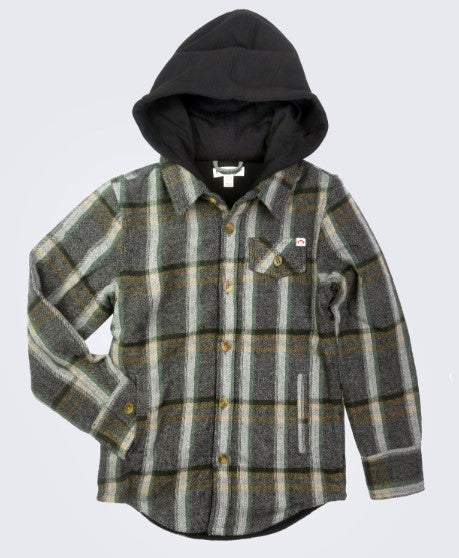 Appaman hooded long sleeve button down. Design is plaid with grey , white and yellow
