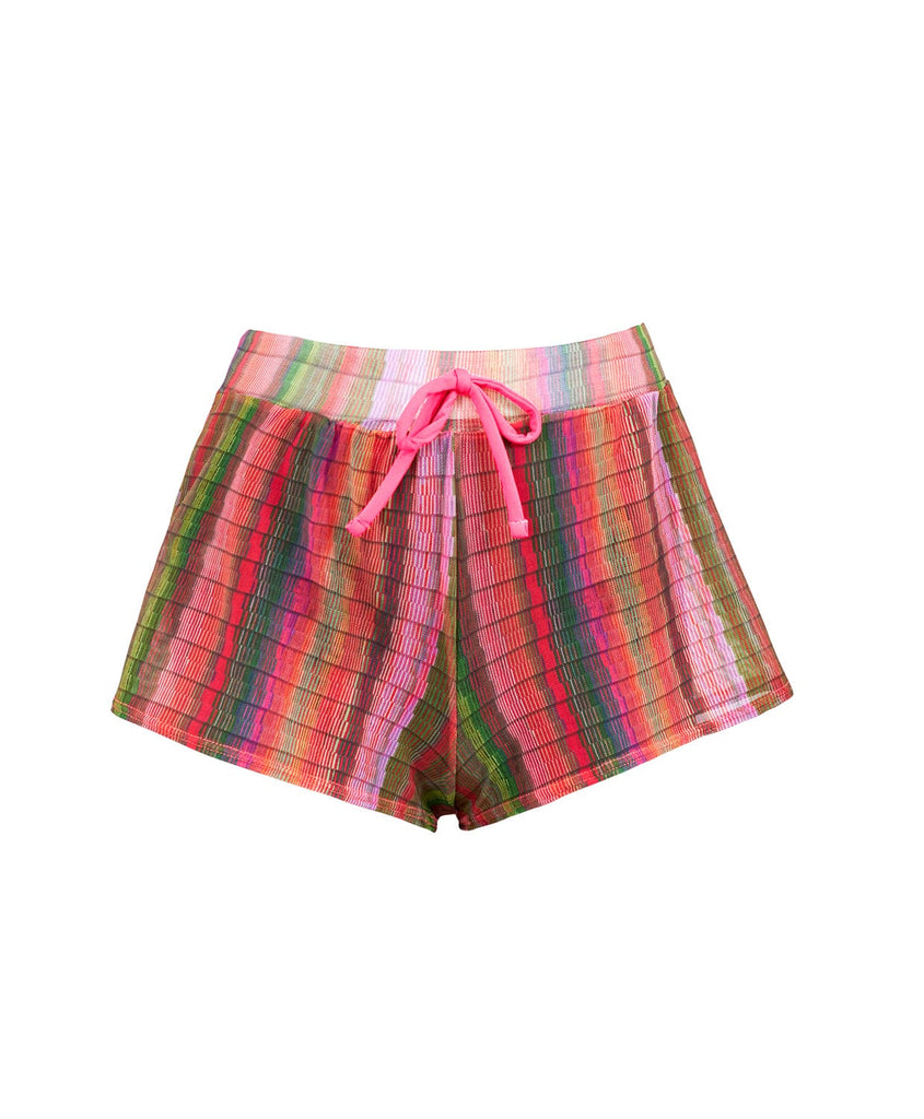 Rainbow shorts with a pink draw string