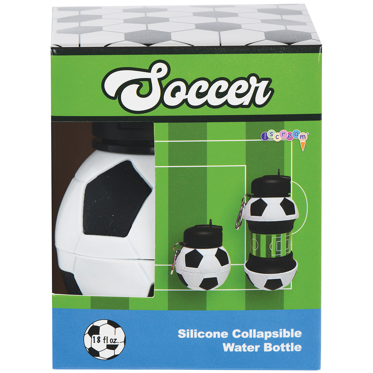 Packaging of collapsible water bottle designed as a soccer ball 