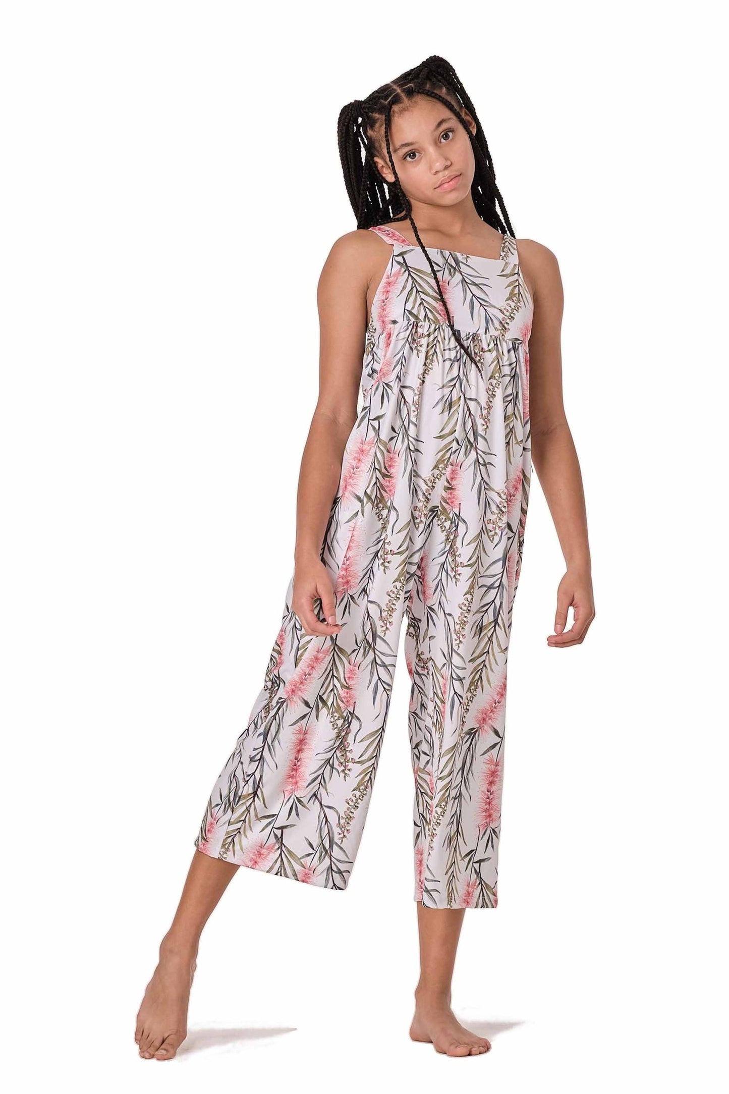 Model image of white jumpsuit with paradise floral design
