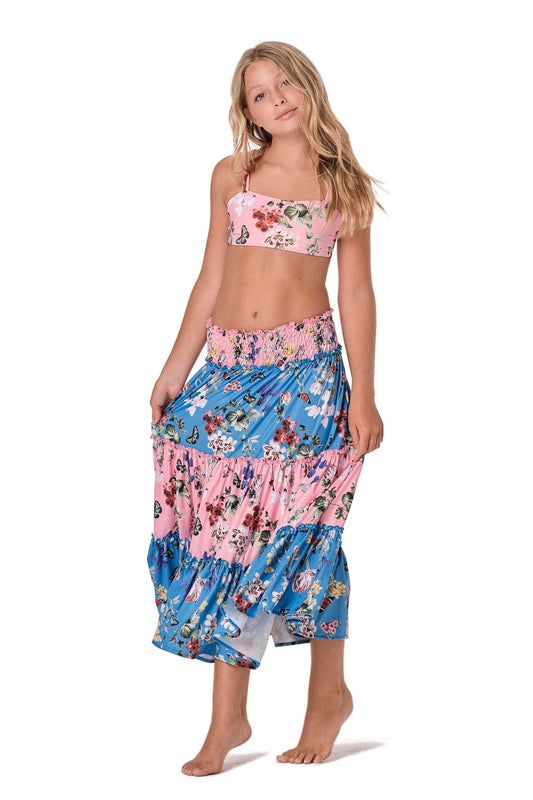 Model image maxi skirt in pink and blue with floral butterfly design