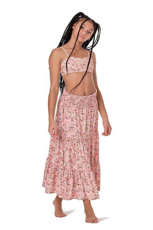 Model image of long floral skirt in light pink.