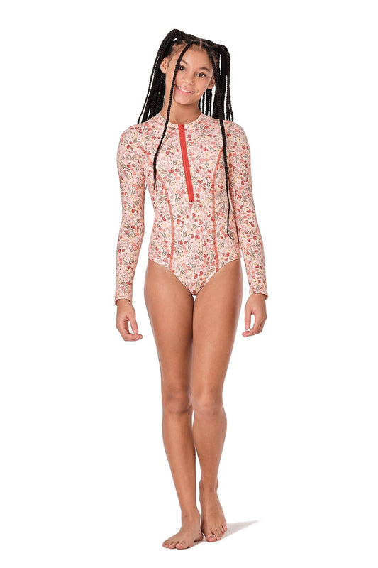 Model image of pink floral girls one piece swimwear rash guard