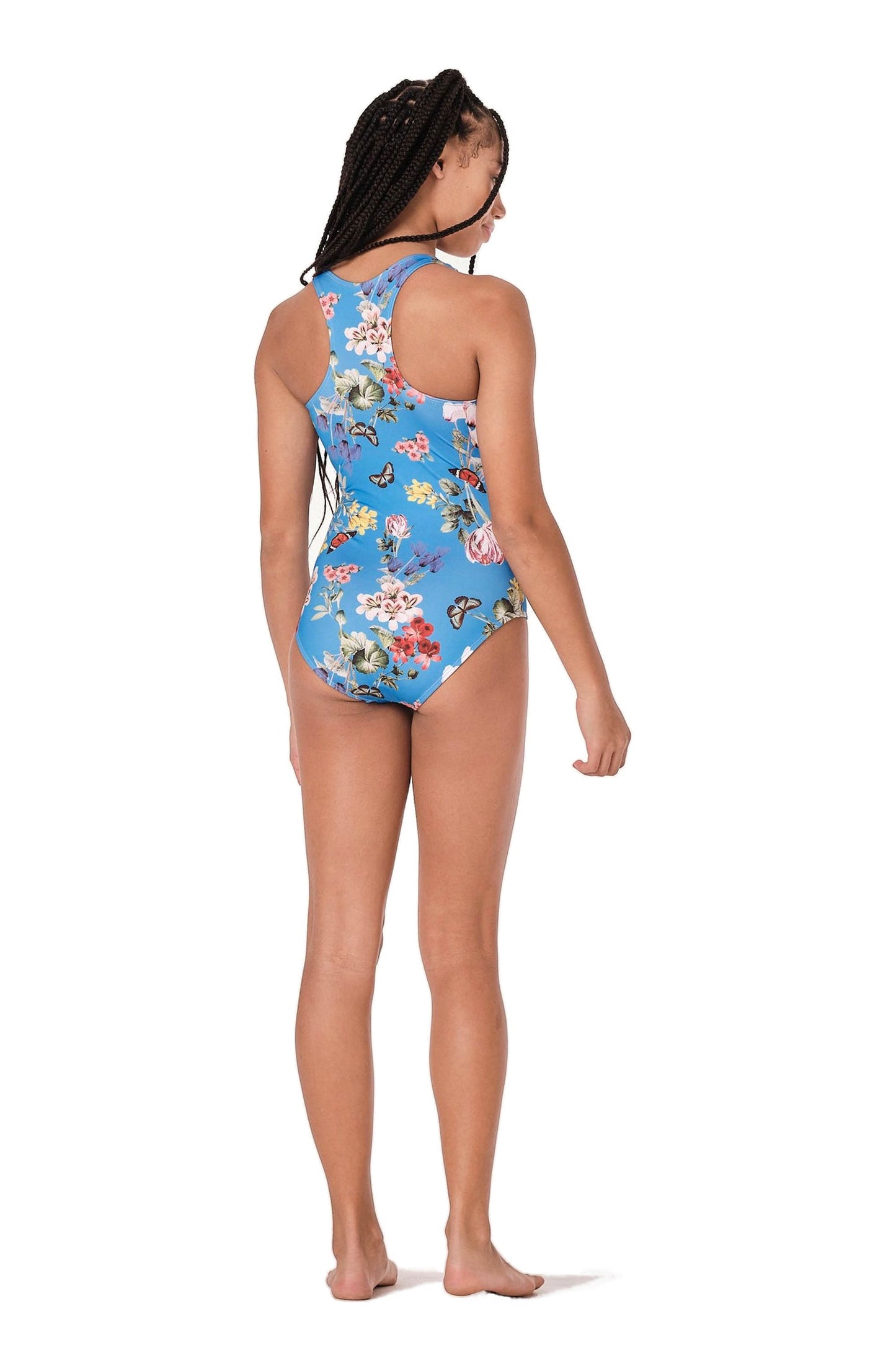 Model image of bathing suit one piece in blue and floral butterfly design