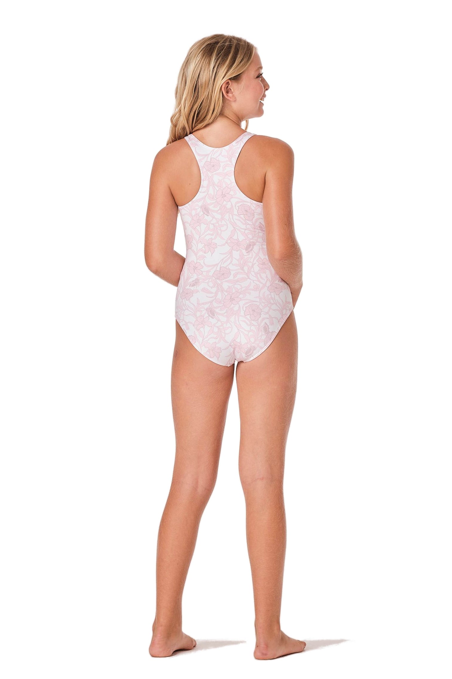 Model image of one piece swimsuit for girls in light pink with roses.