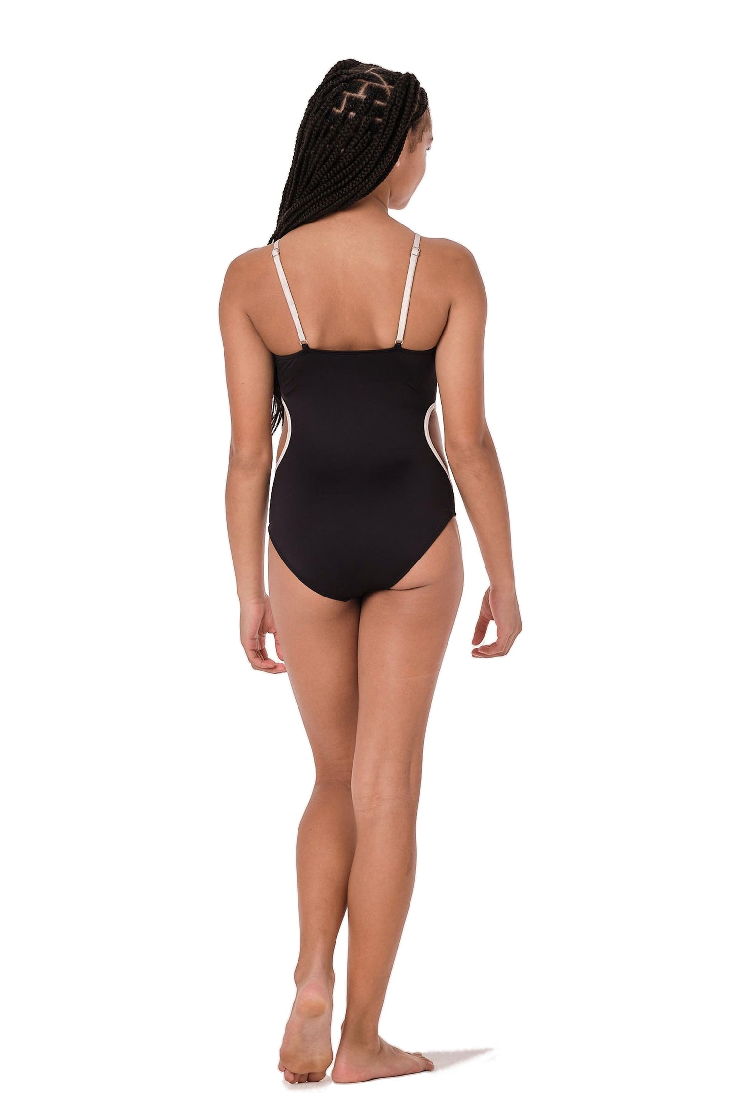 Model image of black one piece swimsuit with side cut outs