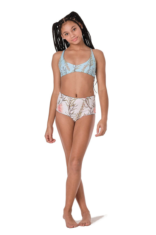 Model image of girls bikini, blue print on top and white print on bottom