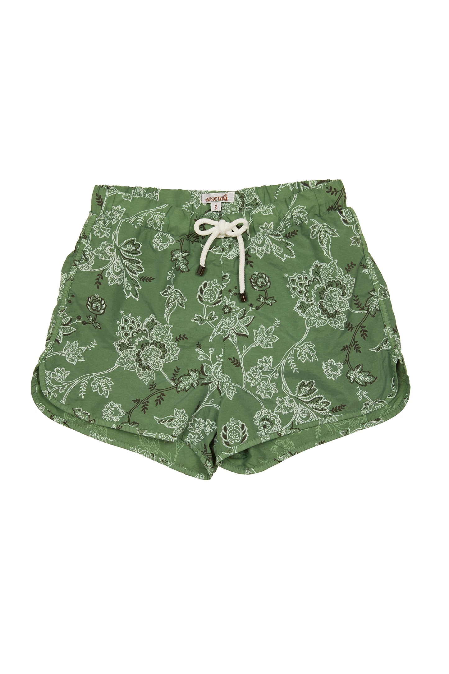 Boys swim trunks in green with paisley white design