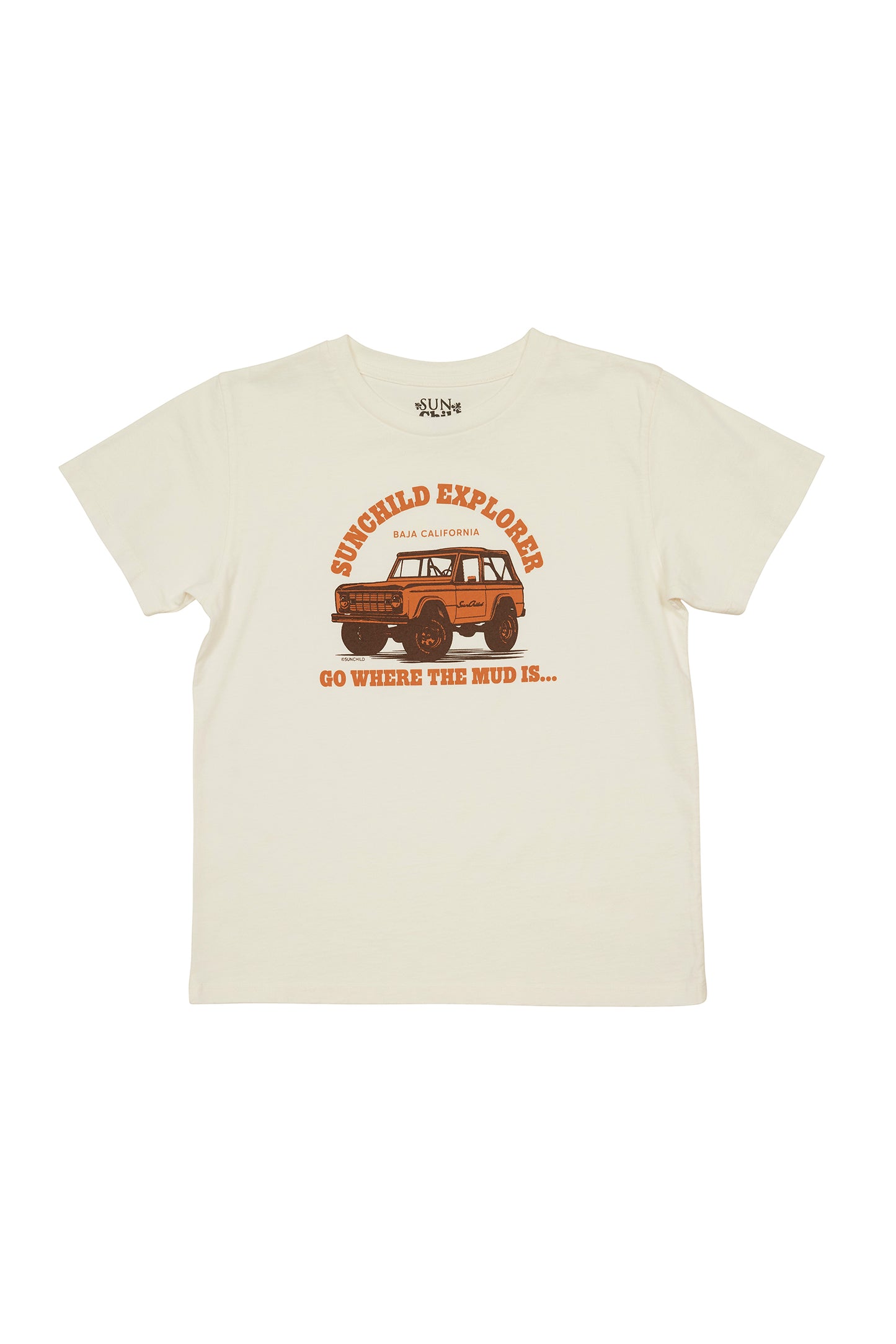 Off white t-shirt with an orange jeep with the Sunchild logo