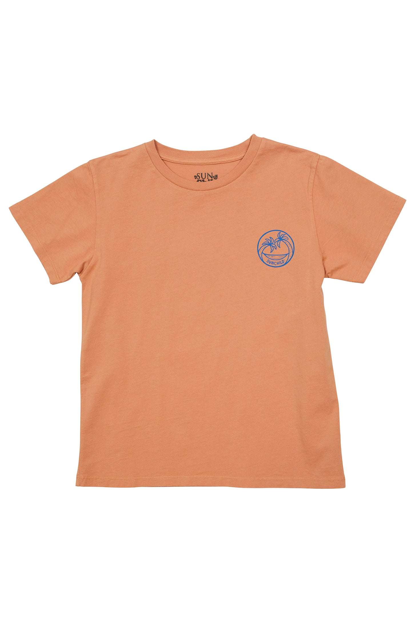 Orange t-shirt with Sunchild logo no the right side pocket in blue