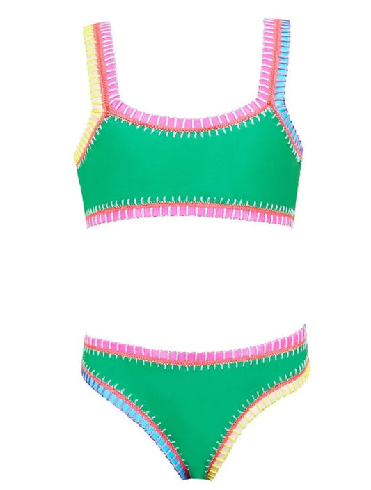 Green bikini with rainbow color traps and outlines on the bottoms and top